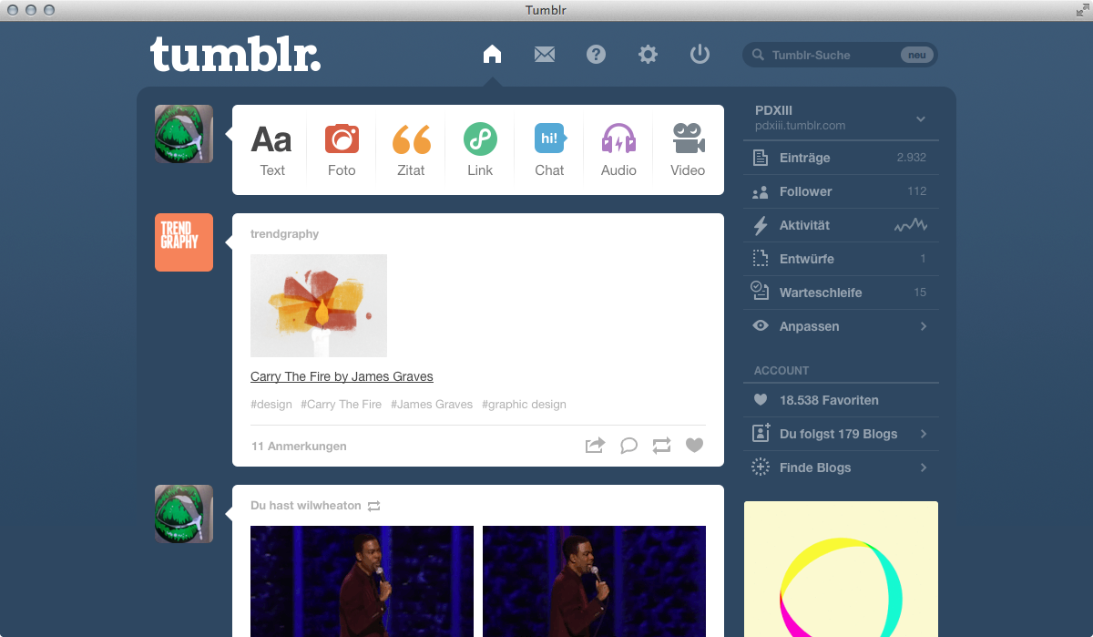 Das Tumblr Dashboard im Desktop Browser