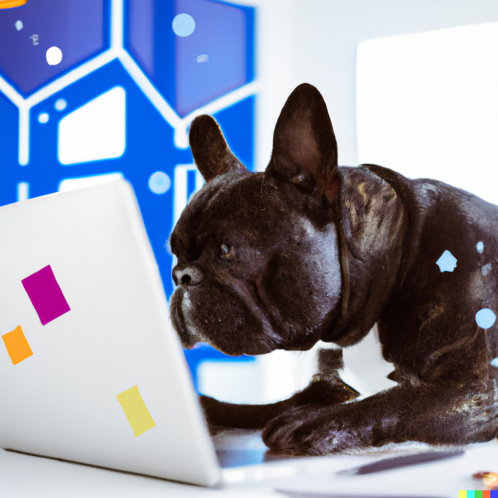 Cute Frenchie sitting on a laptop!